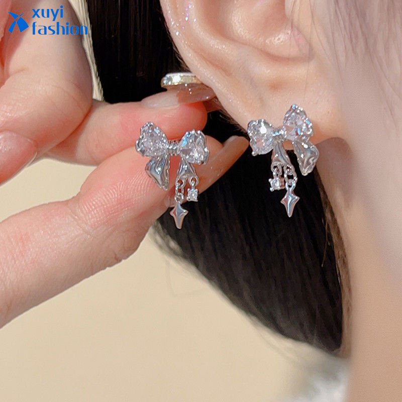 Anting Tusuk Kristal Silver Korea Lucu Bow Earring Untuk Aksesoris Perhiasan Wanita