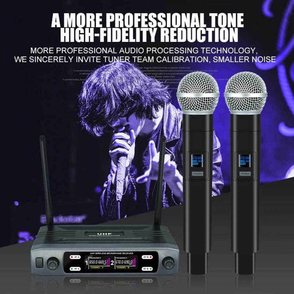 Microphone Karaoke Dual Channel Handheld Wireless UHF Noise Reduction