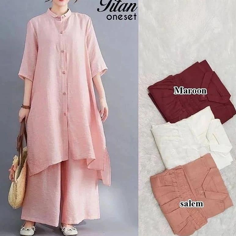 Murah Titan One Set / Setelan Muslim Wanita Terbaru / Set Tunik+Kulot Bahan Katun n / Outfit Muslim 