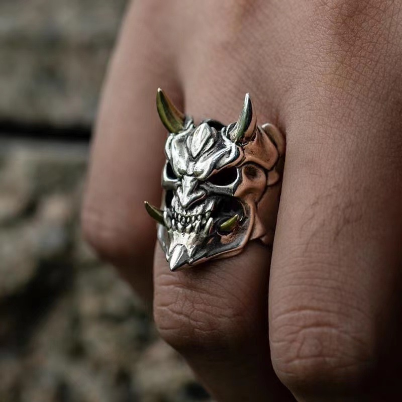 Gothic Devil Topeng Punk Rings/Pria Wanita Vintage Demon Skeleton Face Finger Ring