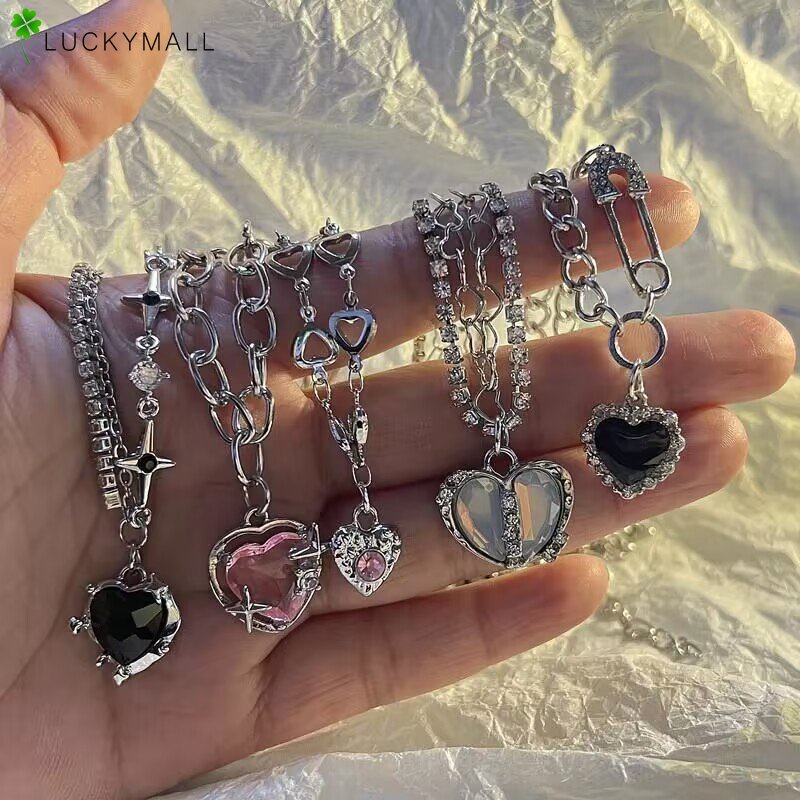 Fashion Batu Permata Perak Kalung Untuk Wanita Tulip Hati Choker Necklace Y2K Perhiasan Aksesoris