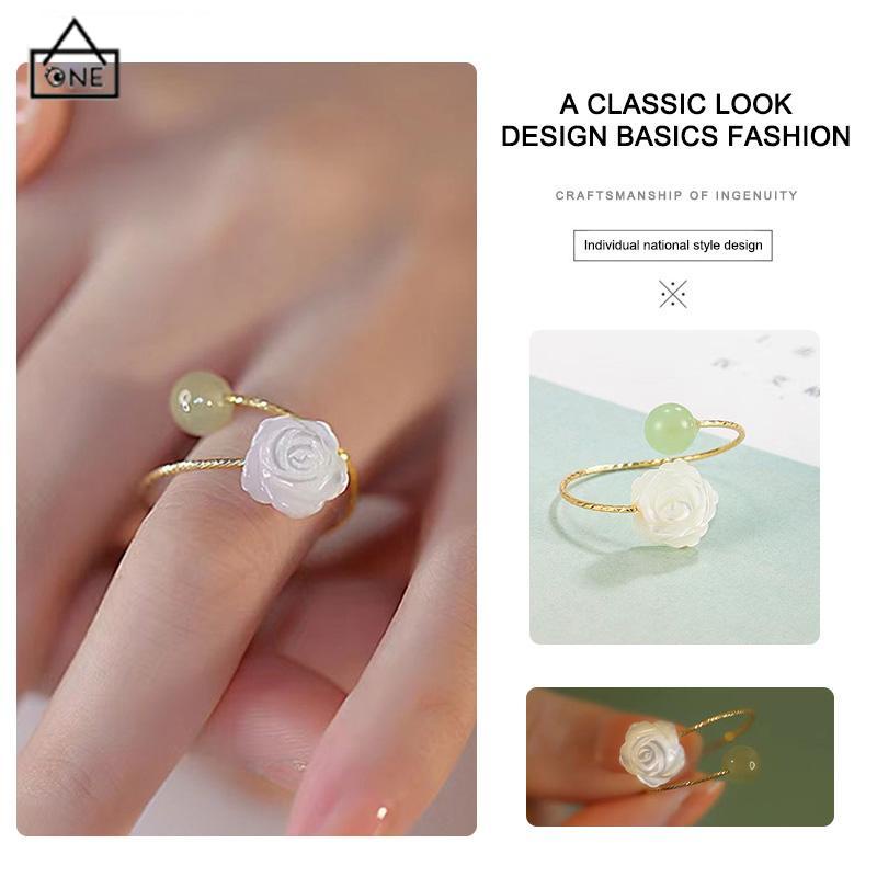 COD❤️Cincin Wanita Pembuka Bunga Mawar Putih Giok  Kemewahan Cahaya Cincin Desain Niche-A.one