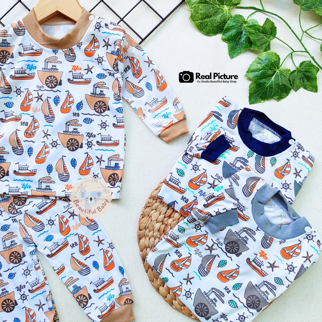 Setelan Baju Bayi Panjang Laki-laki Motif Kapal Laut / Piyama Bayi Laki-laki / Baju Tidur Bayi / Kaos Oblong Bayi &amp; Anak Kancing Pundak / Baby.ou