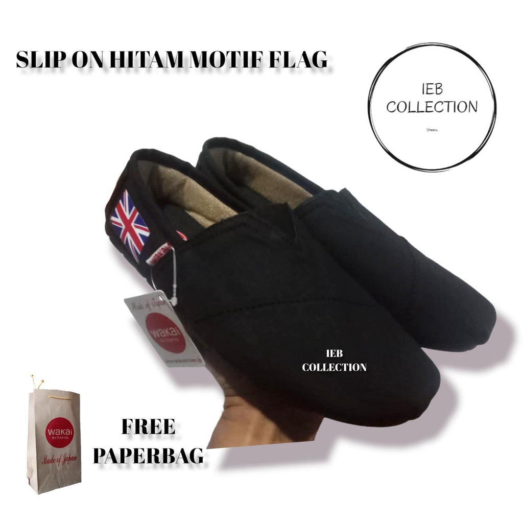 SEPATU WAKAI SLIP ON HITAM BENDERA FREE PAPERBAG SIZE 36-43
