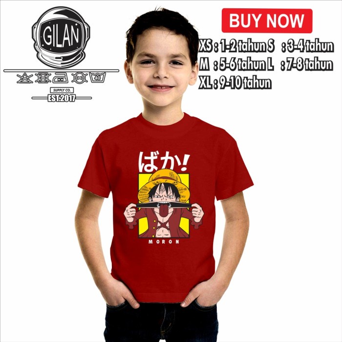 Kaos Baju Anak MONKEY D LUFFY BAKA MORON Kaos Anime One Piece -Gilan - XS