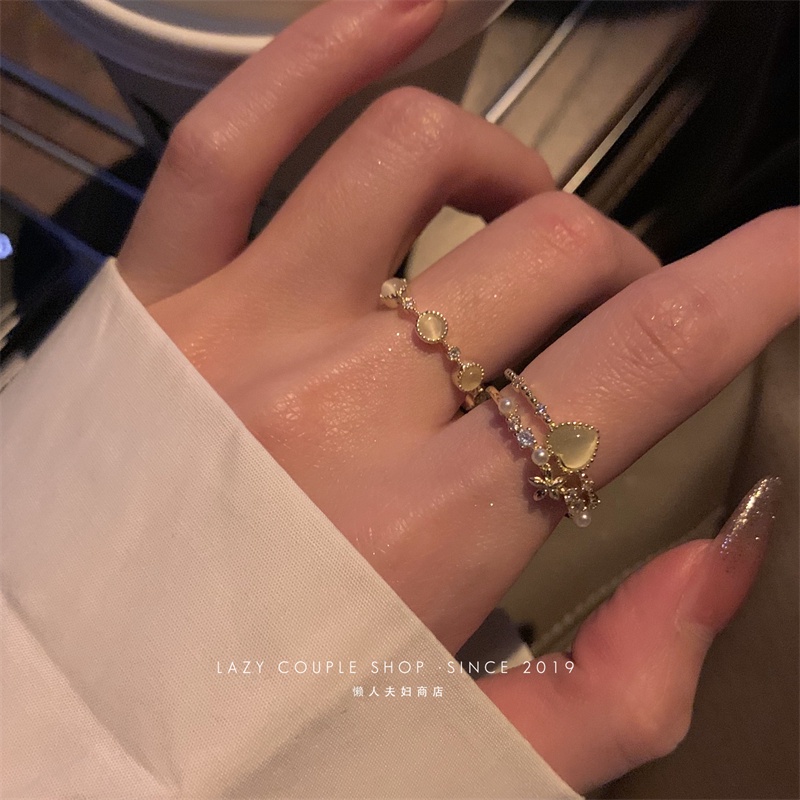 Cincin Kristal Opal Fashion Hati Bunga Mutiara Cincin Emas Untuk Aksesoris Perhiasan Wanita