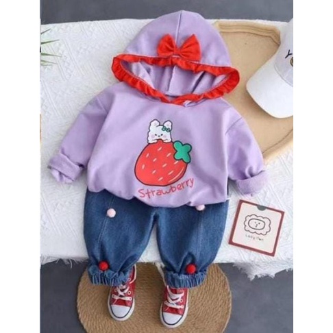 B429 - Setelan Baju Hoodie Anak Perempuan Import / Setelan Jeans Panjang Anak Perempuan Import / Set