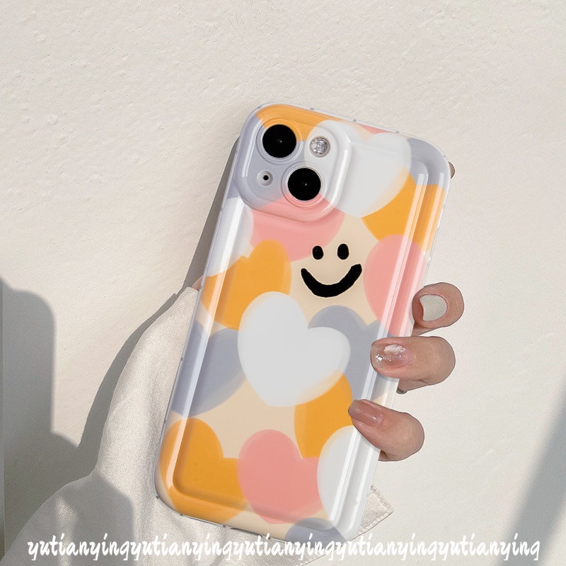 IPHONE Kartun Smiley Colorful Love Heart Case Kompatibel Untuk Iphone11 14 13 12 Pro MAX XR 6 6S 78 Plus X XS MAX Lembut TPU Pelindung Kamera Silicon Shockproof Airbag Back Cover