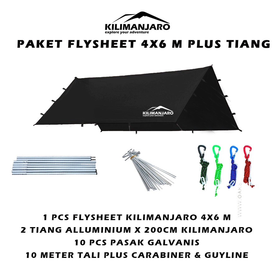 Paket Flysheet 4x6 M Plus Tiang Flysheet Kilimanjaro - Plus Pasak dan Tali - Bivak