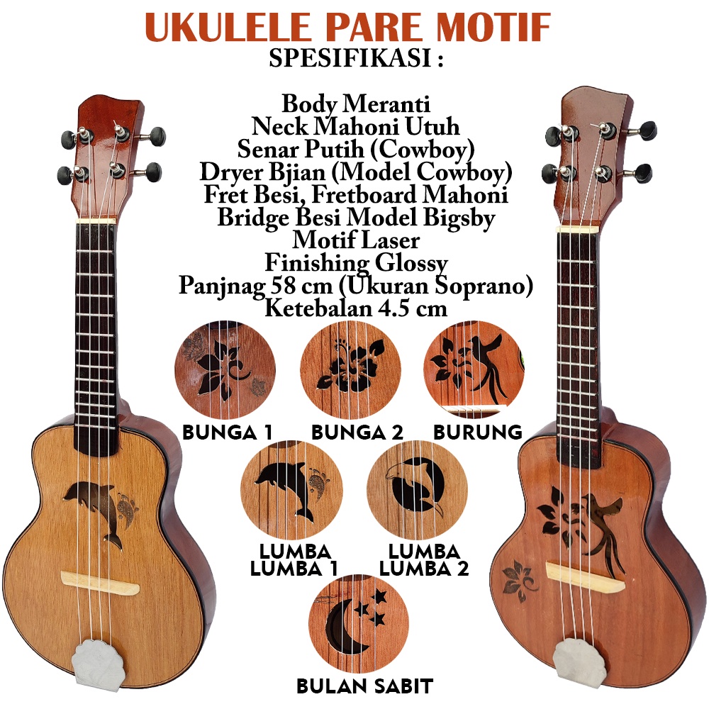 Ukulele Pare Motif Senar 4 dan 3 Murah Bahan Kayu