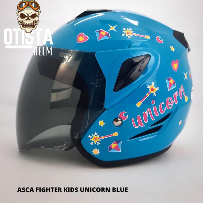 Helm Half Face Asca Fighter Kids Unicorn Blue Smoke All Size S