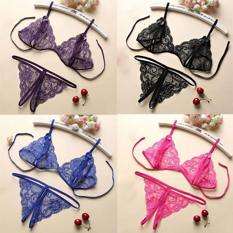 Lingerie Set Bra dan G-String Transparant Pita Bunga
