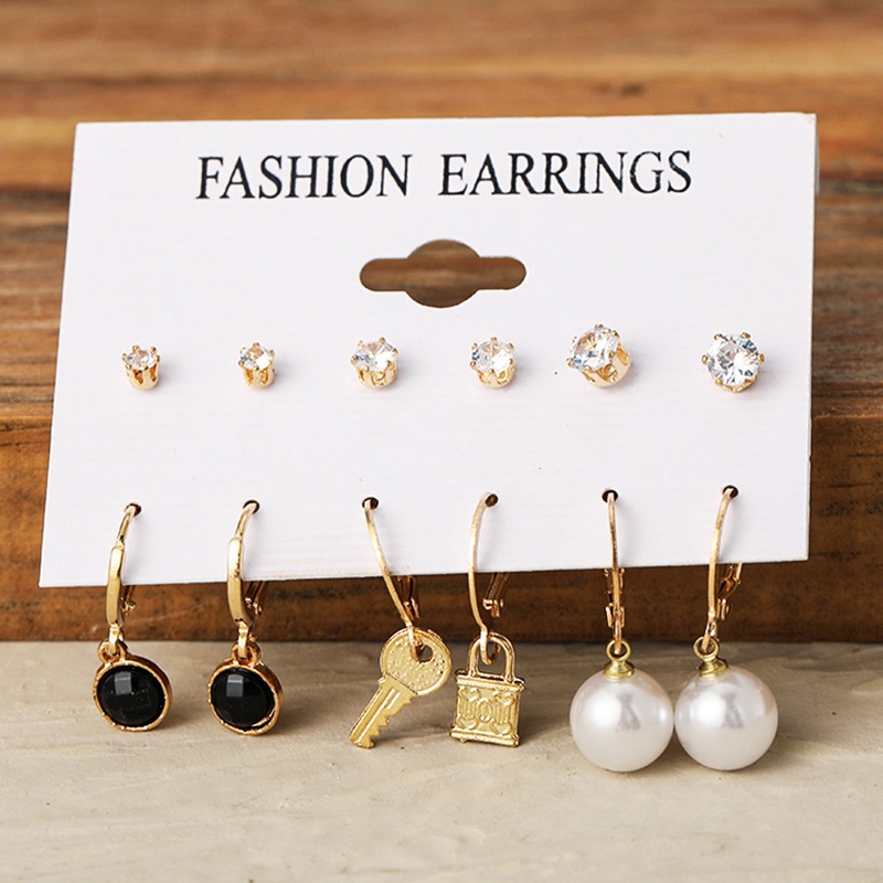 Anting Hoop Mutiara Zirkon Emas Antik Kreatif Stud Earring Set