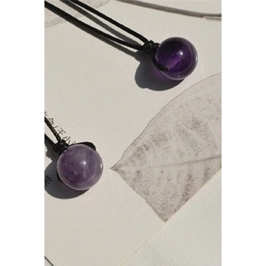 Kalung Tali Hitam Adjustable Liontin Amethyst Alami