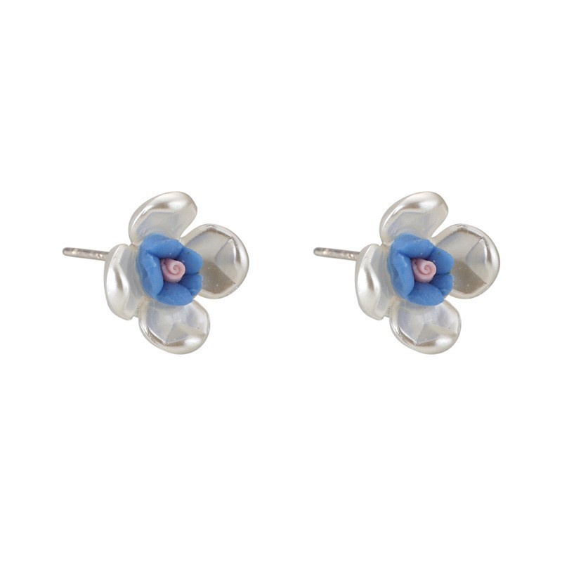 Korea Korea S925 Jarum Perak Anting Bunga Biru Kecil Perempuan Manis Anting Resin Perempuan Temperamen Anting Sederhana