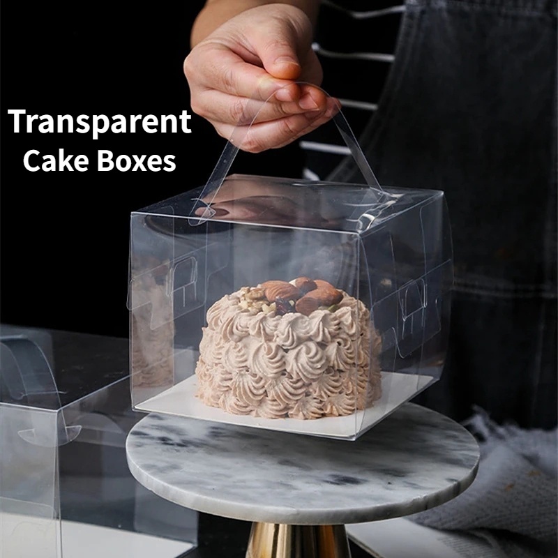 Kotak Persegi Kue Transparan Portable/PET Paper Bottom Cake Case Tote Boxes Untuk Perlengkapan Dekorasi Paket Dissert Pesta Ulang Tahun