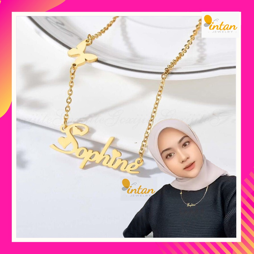 Kalung Nama Kupu Kupu Butterfly Custom Ukir Font Titanium Anti Karat Variasi Necklace Name Butterfly