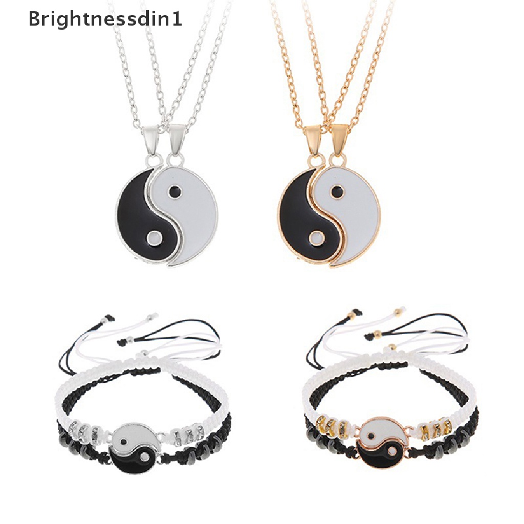 [Brightnessdin1] 2 Pcs Tai Chi Yin Yang Pasangan Gelang Kalung Set Liontin Adjustable Kepang Rantai Gelang Pencocokan Kekasih Gelang Choker Butik