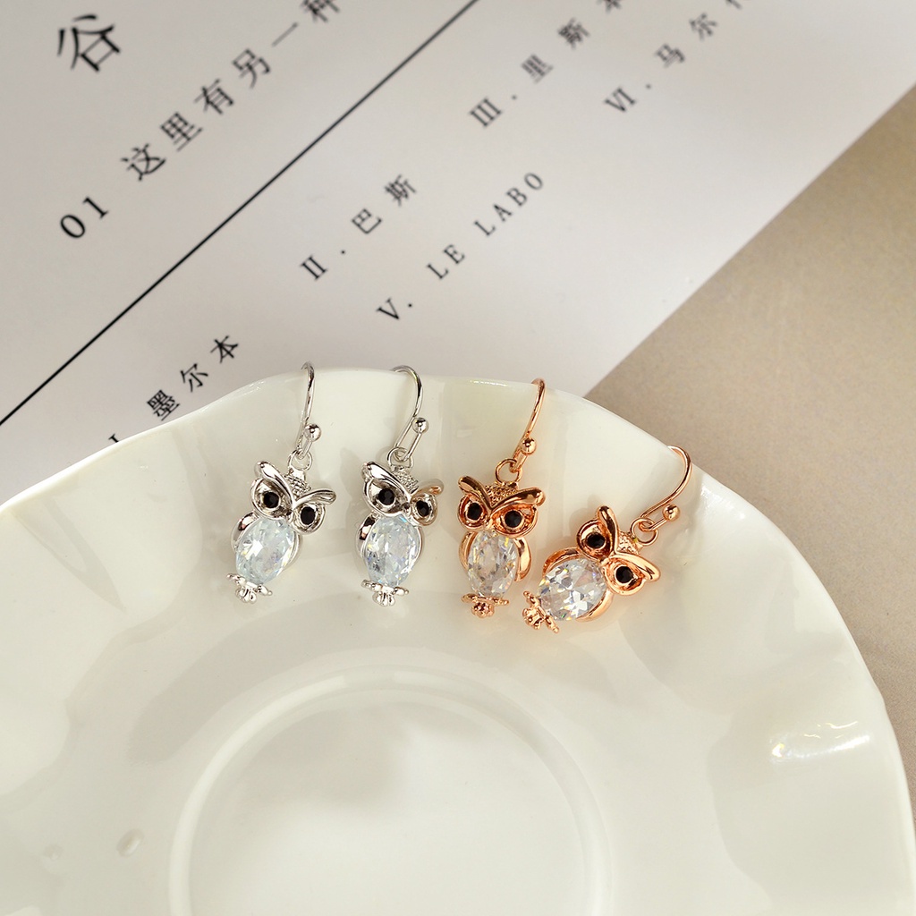 Anting Zirkon Warna Rose Gold | Anting Bentuk Burung Hantu | Aksesoris Wanita | Sendok Garpu Bahan Stainless Steel