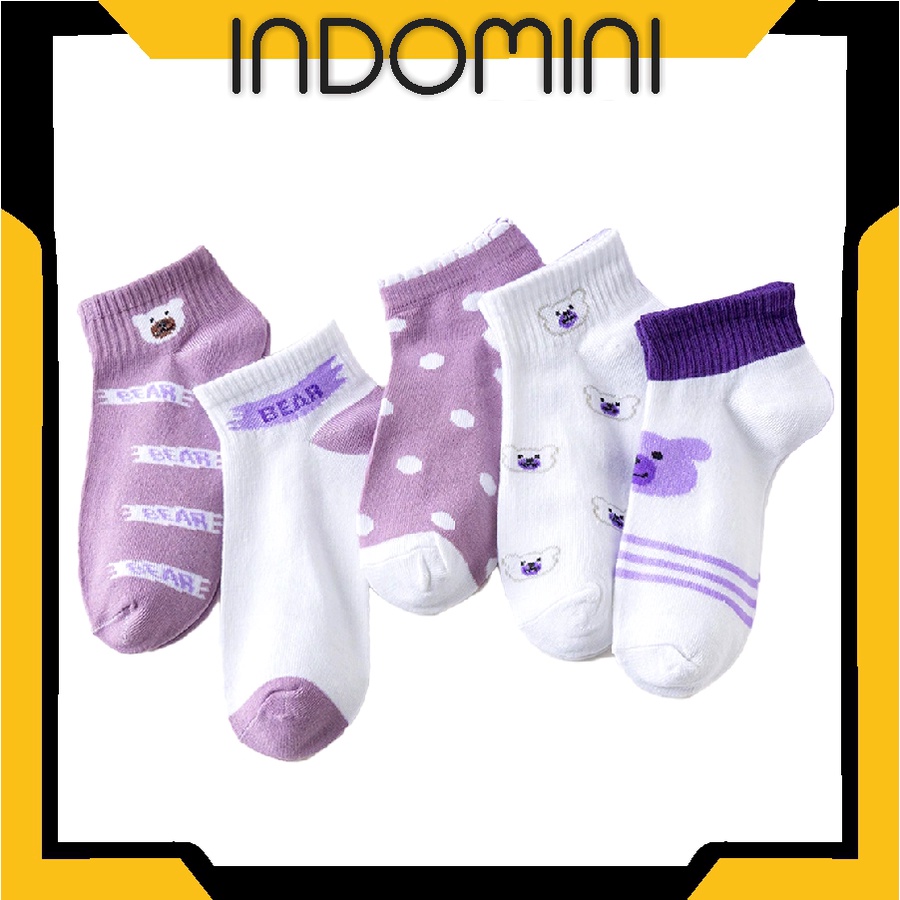 INDOMINI Kaos Kaki Pria Wanita Motif Beruang Ungu Kaos Kaki Pendek Fashion Korean Purple Bear Socks Import KK030