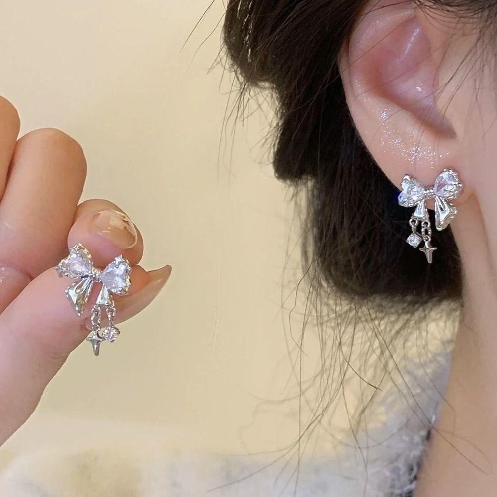 Mxbeauty Anting Wanita Halus Indah Sederhana Trendi Busur Simpul Fashion Perhiasan Alloy Zirkon Gaya Korea Earrings