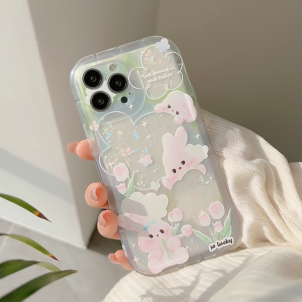 IPHONE Cute Pink Bunny Kelinci Musim Semi Kerang Pola Transparan Shockproof Casing Ponsel Cover Untuk Iphone11 12 13 14 PLUS PRO MAX