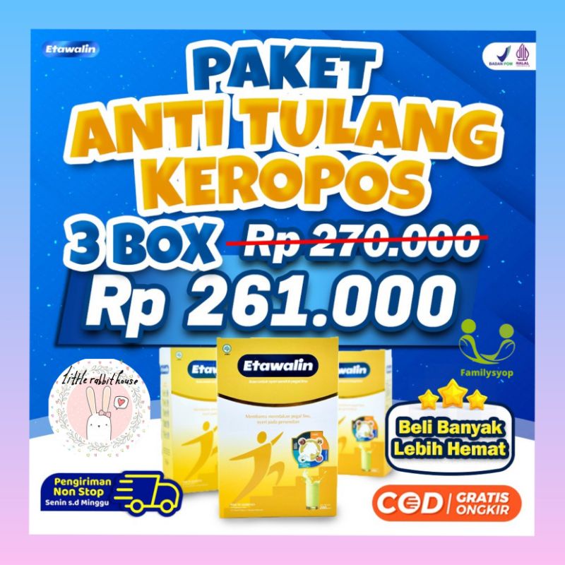 

READY MEDAN PAKET 3 BOX ETAWALIN SUSU KAMBING ETAWA ANTI TULANG KEROPOS ATASI MASALAH TULANG NYERI SENDI