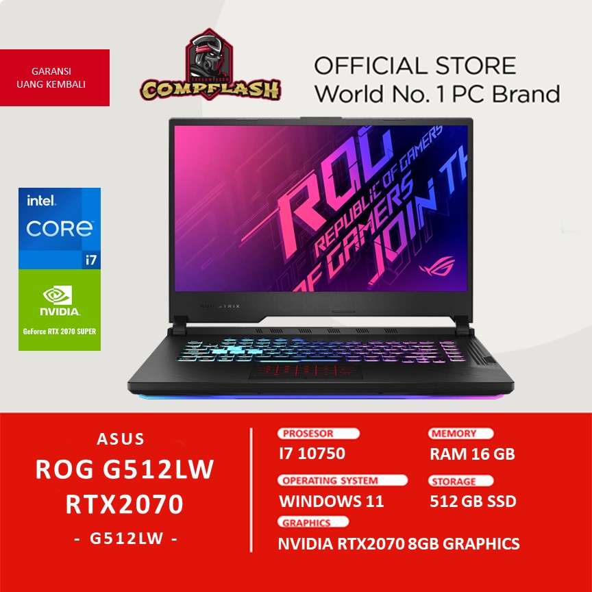 LAPTOP GAMING ASUS ROG G512LW INTEL I7 10750 RTX2070 RAM 16GB 1TB SSD W10 15.6FHD 144HZ