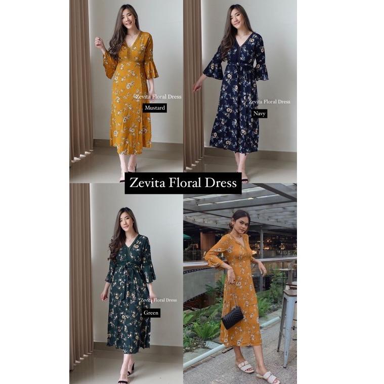 HARGA SPESIAL D0332 ZEVITA KOREAN FLORAL VINTAGE MIDI DRESS PANTAI LENGAN PANJANG BALI MUSIM PANAS S
