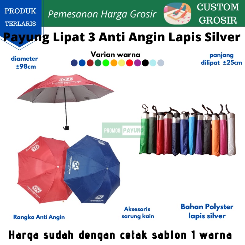 [ payung custom grosir ] payung lipat 3 anti angin lapis silver sablon 1 warna - promosi souvenir