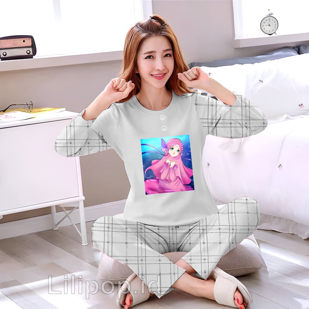 Lilipop.id  Baju Tidur Wanita mermaid hijabers Celana Panjang PP Allsize Lengan Panjang Baby Doll Bahan Kaos Dewasa