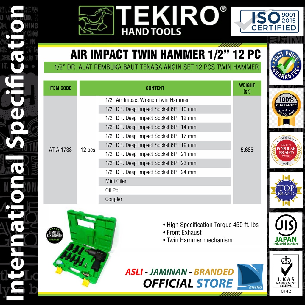 Kunci Sock Angin Isi 12 pcs PUKUL 1/2&quot; inch PALU GANDA / Air Impact Twin Hammer TEKIRO