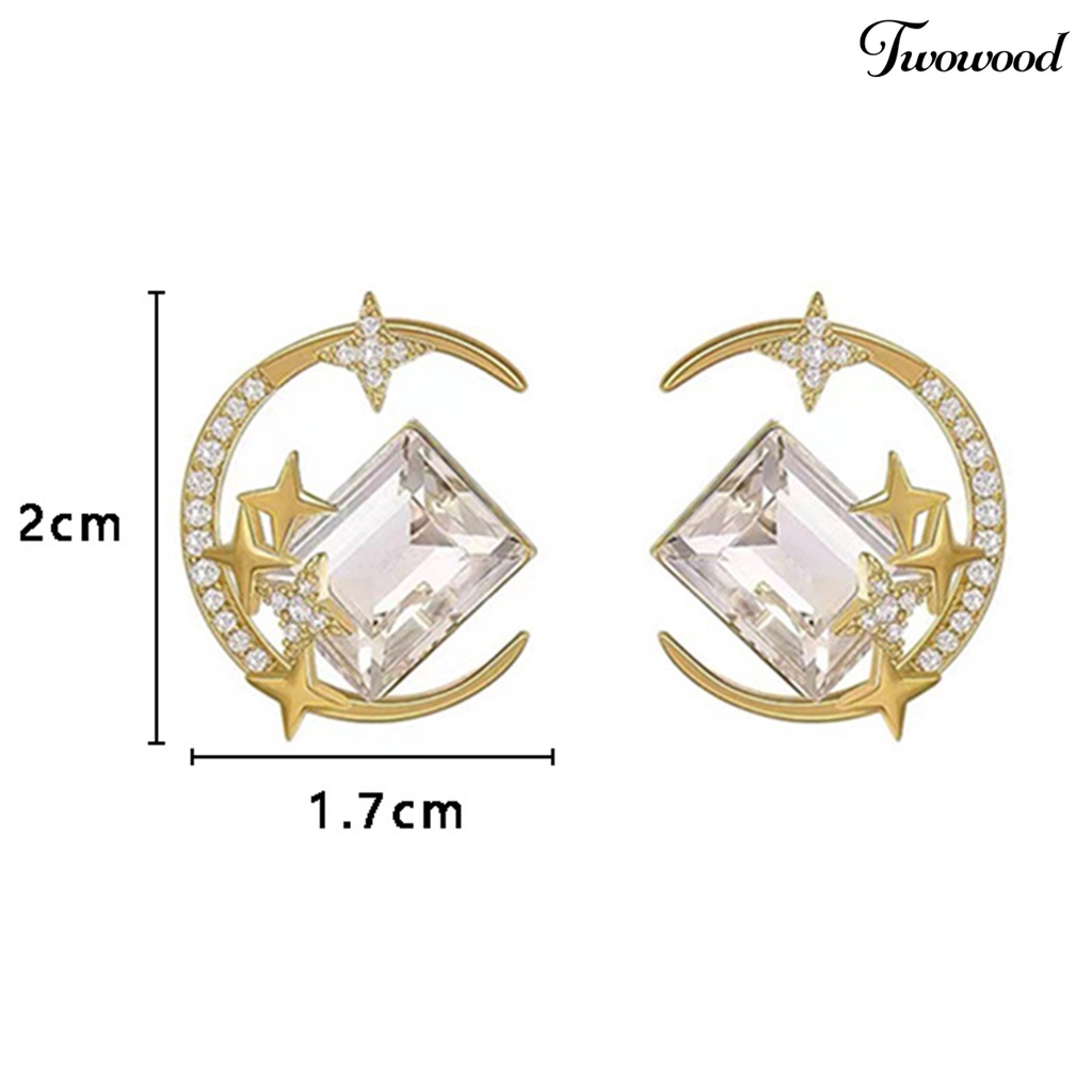 Twowood 1pasang Ear Studs Sparkling Gaya Korea Anti-Oksidasi Friendly Terhadap Kulit Tidak Iritasi Hias Alloy Wanita Bintang Bulan Stud Earrings Perhiasan Decor Untuk Lady