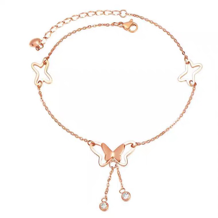 Gelang Kaki Hypoallergenic Tahan Air Bahan Titanium Steel Warna Rose Gold Aksen Kupu-Kupu Untuk Wanita Butterfly Girlfriends