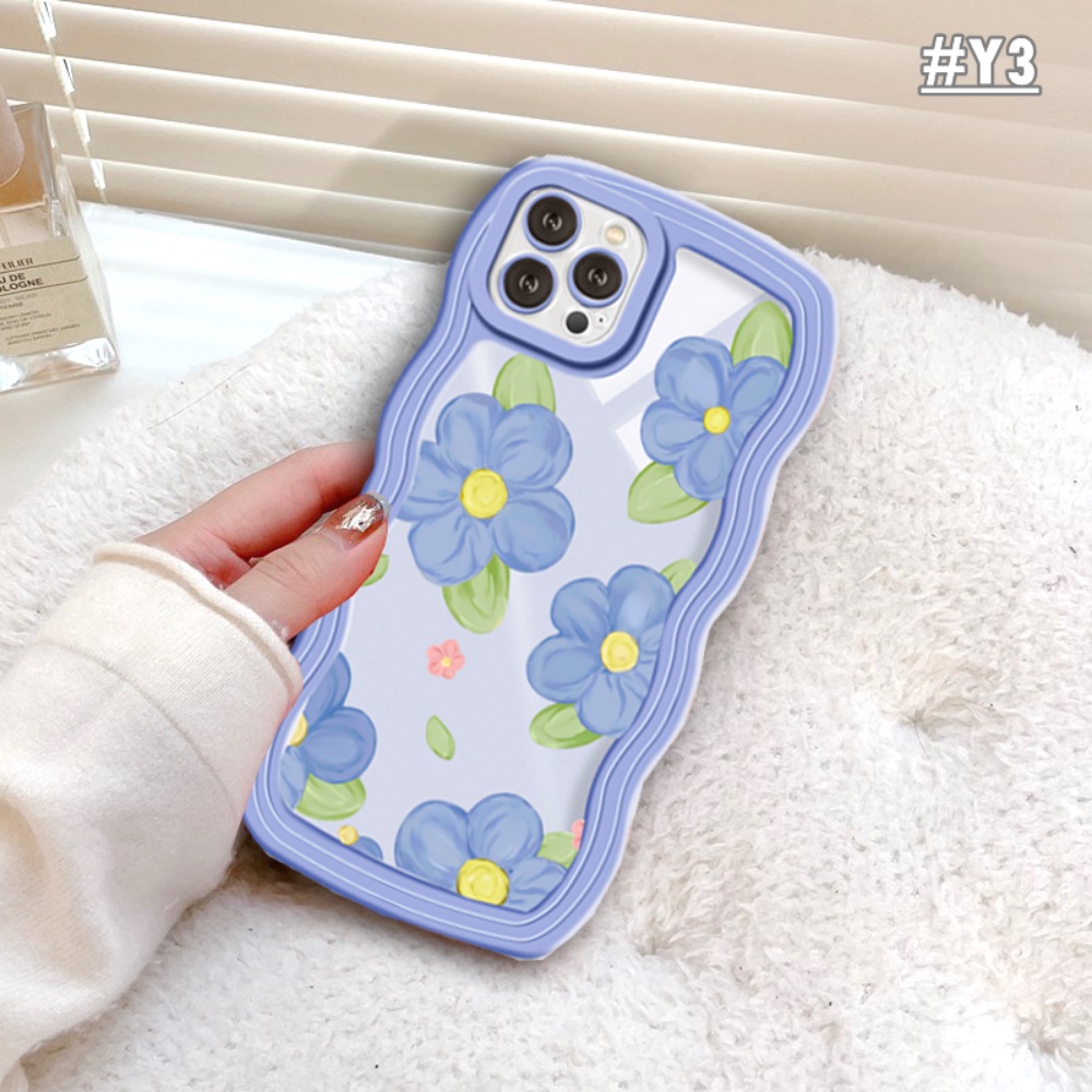 IPHONE Case Fashion Kompatibel Untuk Iphone11 13 14 13 Pro MAX IPhone7 8plus 6s Plus XR 14 Plus XS MAX SE Wavy Edge Lukisan Minyak Bunga Cinta Hati Kelinci Bening TPU Soft Cover BY