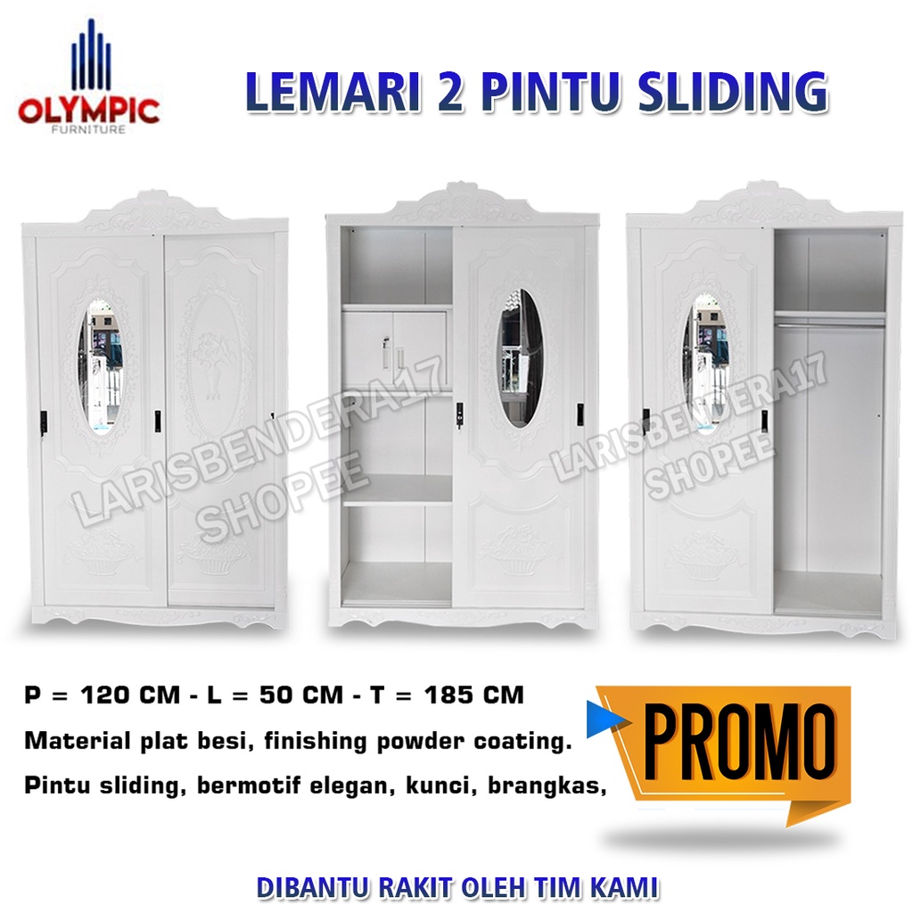Lemari 2 Pintu Sliding, Olympic. Bahan Plat Besi. Harga Terjangkau. ada brangkas, gantungan, kunci. 