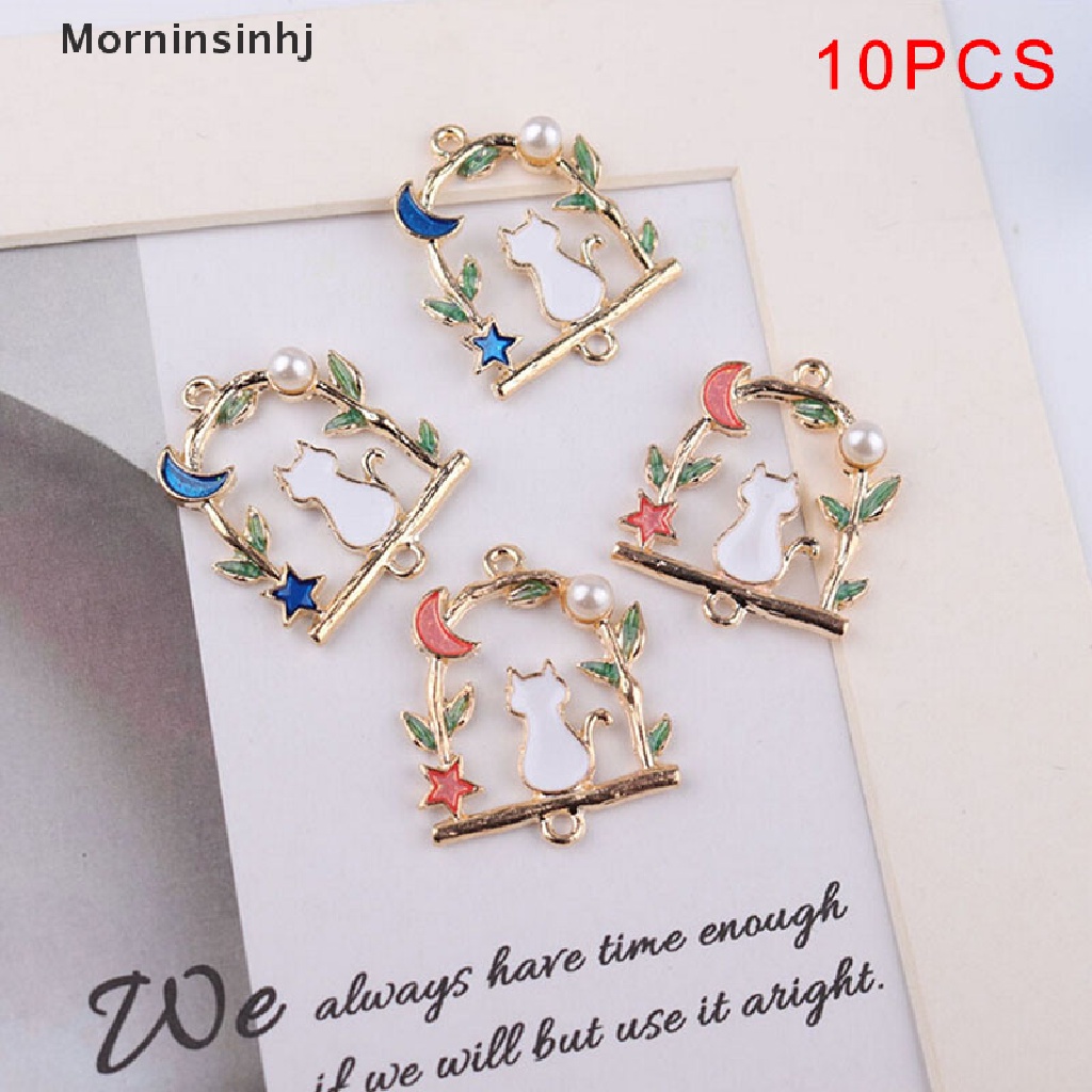 Mornin 10Pcs/Lot Enamel Alloy Bintang Bulan Kucing Ch Liontin Logam Temuan Perhiasan DIY id