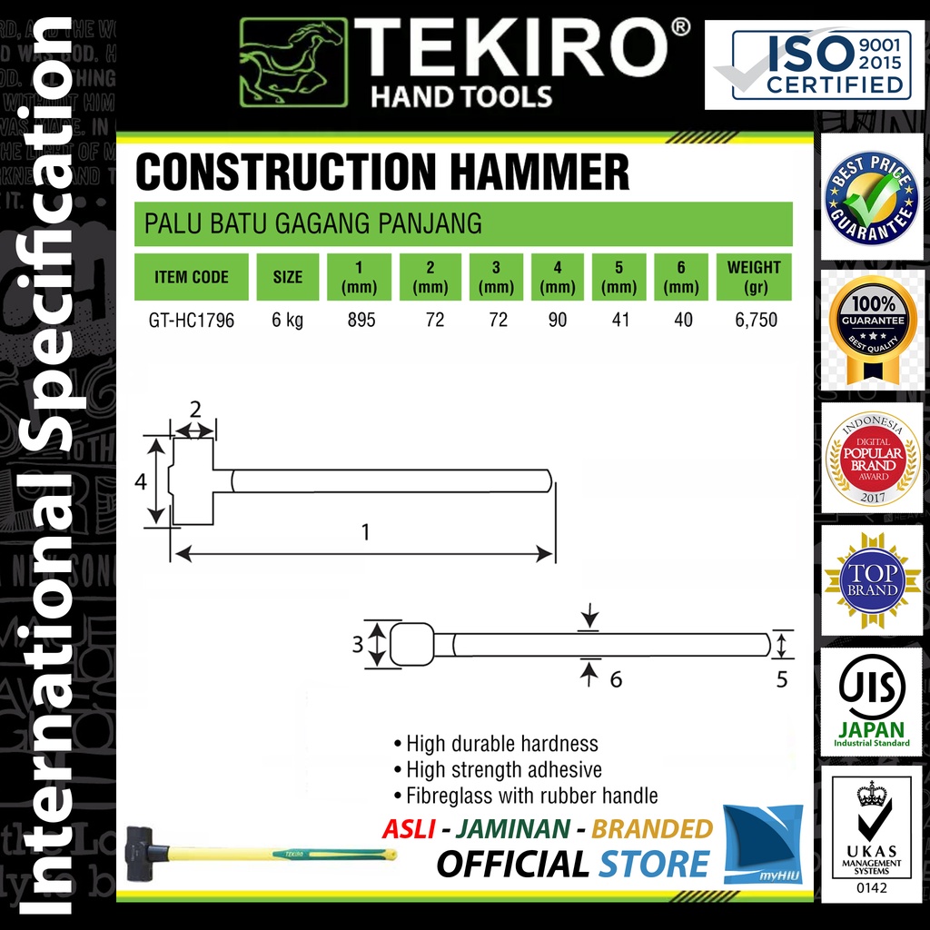 Palu Konstruksi 6 kg Gagang Panjang Raksasa Roboh Bangunan Stoning Hammer Godam Martil Pukul TEKIRO