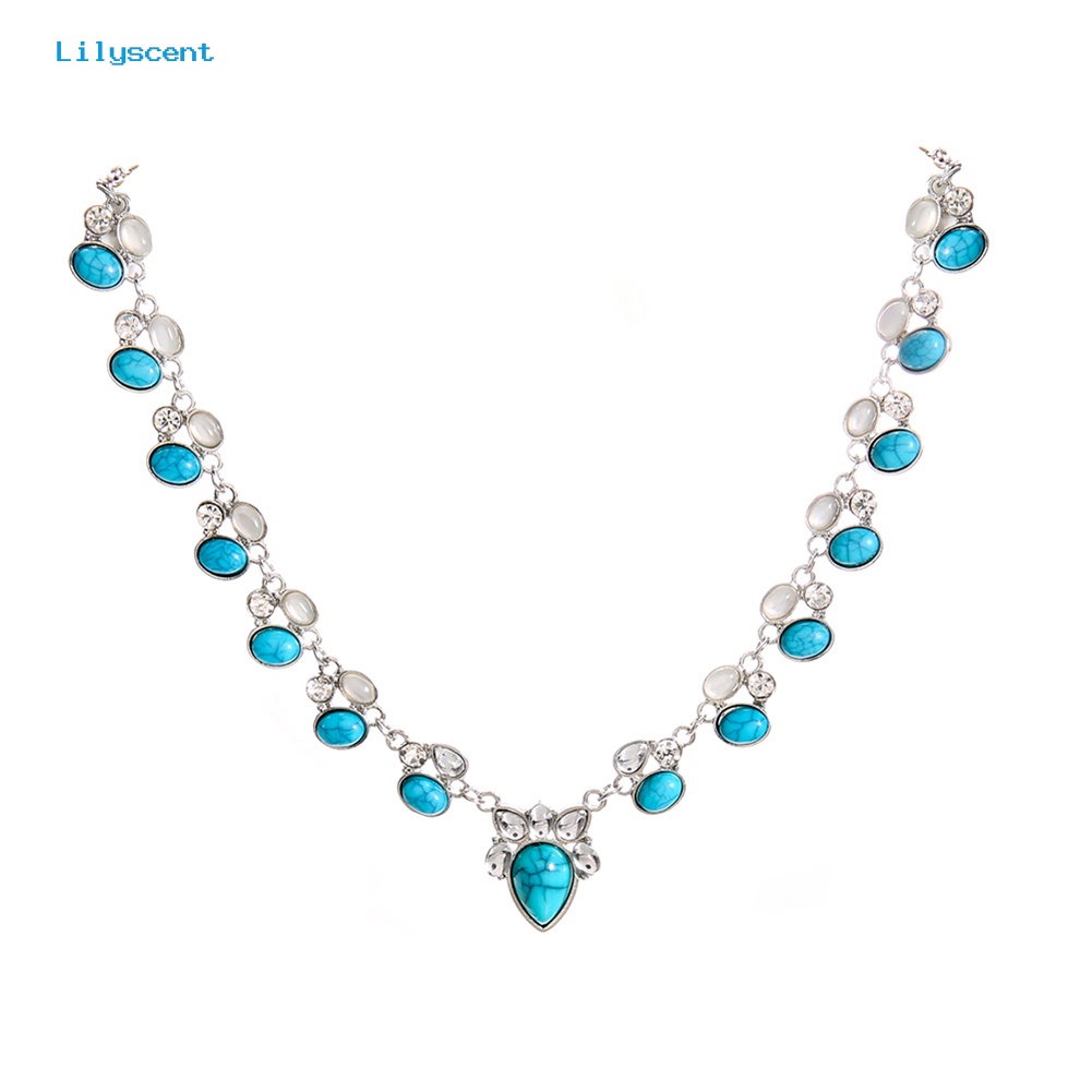 [LS] Wanita Fashion Faux Opal Turquoise Pendant Rantai Choker Kalung Pesta Perhiasan