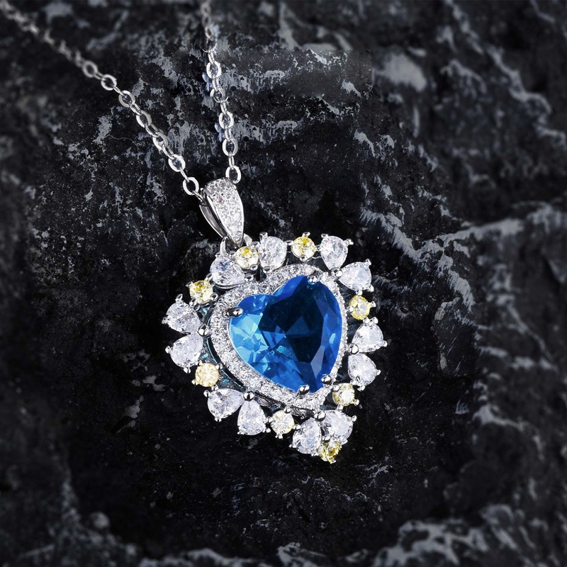 925 Sterling Silver Liontin Kalung Biru Laut Lab Topaz Liontin Kalung Dengan Rantai Wanita Choker Charms Fashion Perhiasan