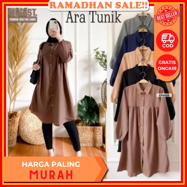 Tunik Wanita Kekinian Terbaru Remaja Muslim Bahan Rayon Twill Premium Adem Motif Polos Lengan Balon 