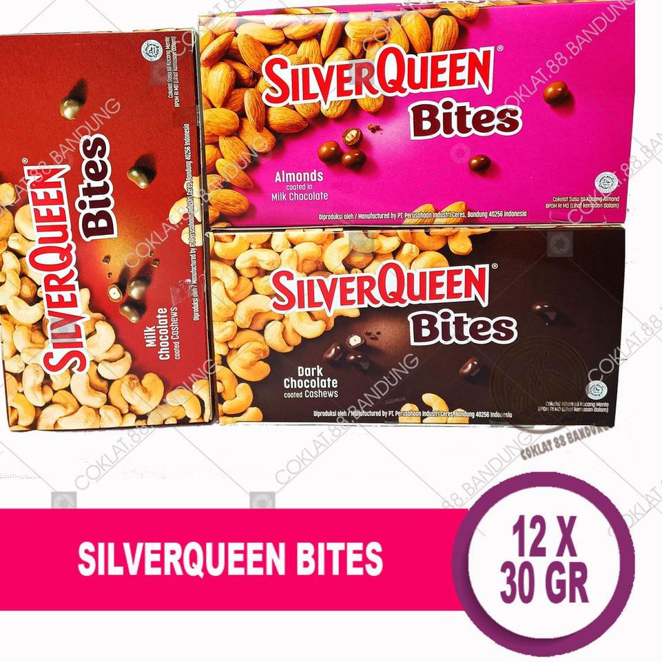 

☉ SILVERQUEEN BITES 30 GR/GRAM BOX ISI 12 PCS EX 35GR, COKELAT SILVER QUEEN BITES ALMOND MILK COKLAT DARK CASHEW 12 x 30gr ☻