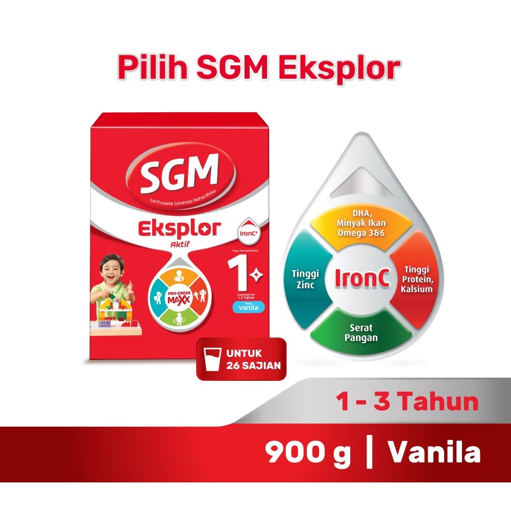 SGM Eksplor 1+ dengan IronC Susu Pertumbuhan Rasa Vanila 900GR / Susu / Susu sgm 1+ / Susu sgm 1 plu