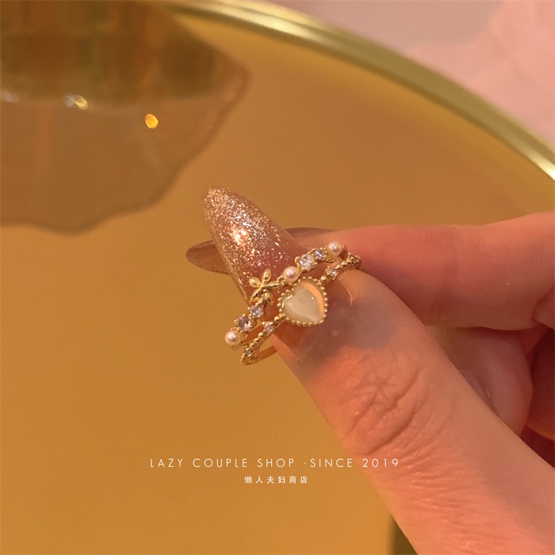 Cincin Emas Wanita Elegan Opal Hati Mutiara Kristal Ring Aksesoris Perhiasan