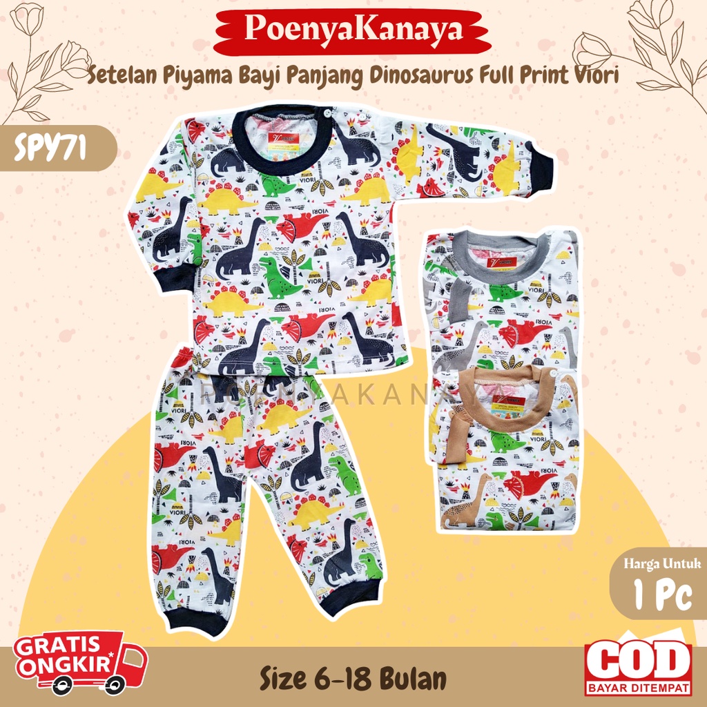 Setelan Baju Bayi Piyama Bayi Panjang DINOSAURUS FULL PRINT Viori Size 6-18 Bulan SPY71