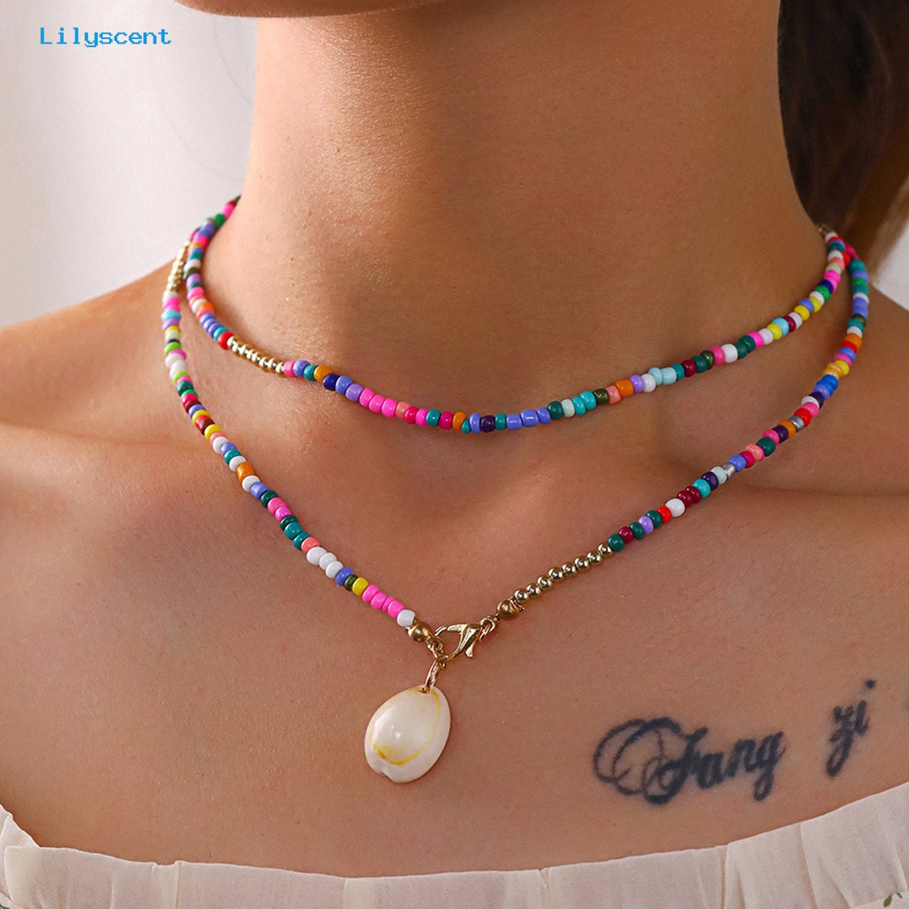 [LS] Kalung Liontin Shell Perhiasan Lapisan Ganda Warna-Warni Bohemian Choker Necklace Untuk Perjamuan