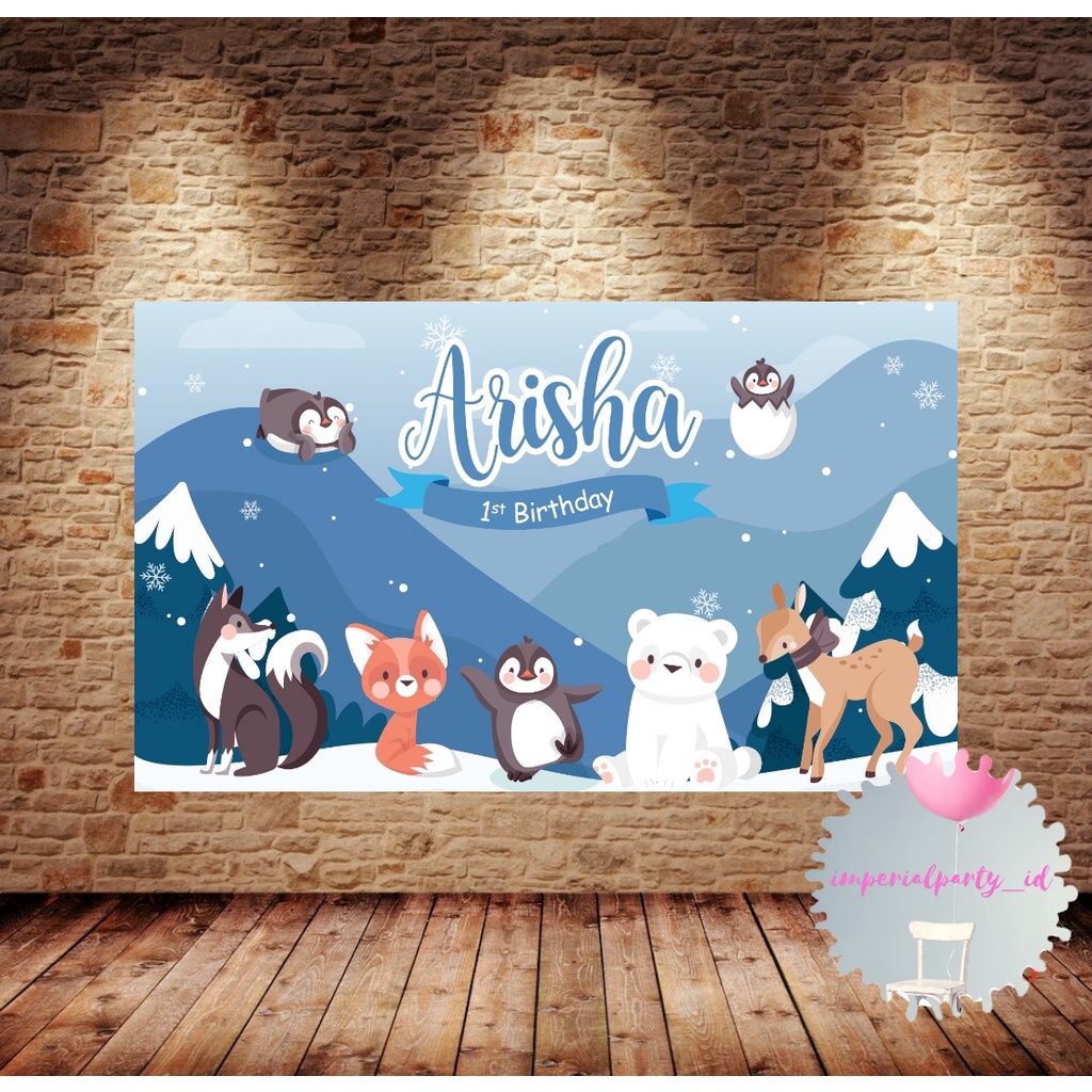 Custom Happy Birthday Backdrop Banner Spanduk Animal Winter Wonderland