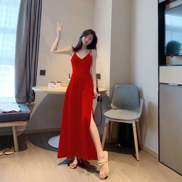 RSB DR358 Baju Long Dress V Neck Wanita Shoulder Korean Fashion