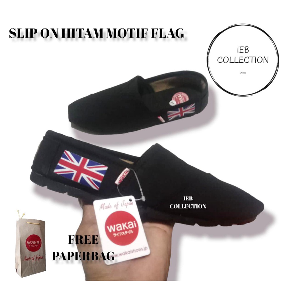 SEPATU WAKAI SLIP ON HITAM BENDERA FREE PAPERBAG SIZE 36-43