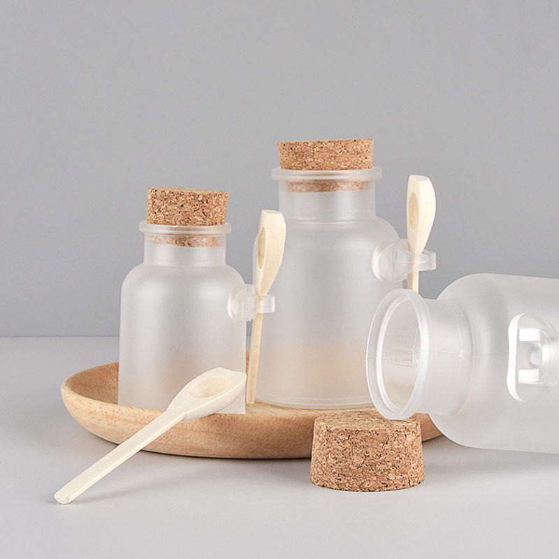Botol Jar Kosong Bentuk Bulat Bening Matte Dengan Sendok Kayu Ukuran 200ml Untuk Kosmetik